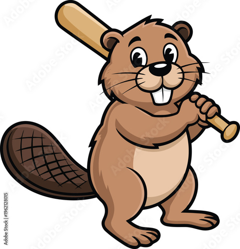 A playful beaver character holding a baseball bat and catcher's mitt
