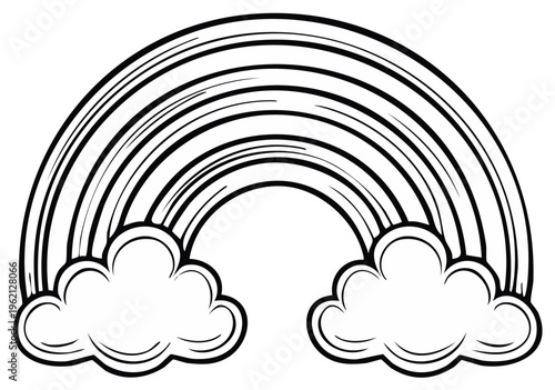 Outline of a Majestic Rainbow Arching Over Fluffy Clouds in a Simple Drawing Style