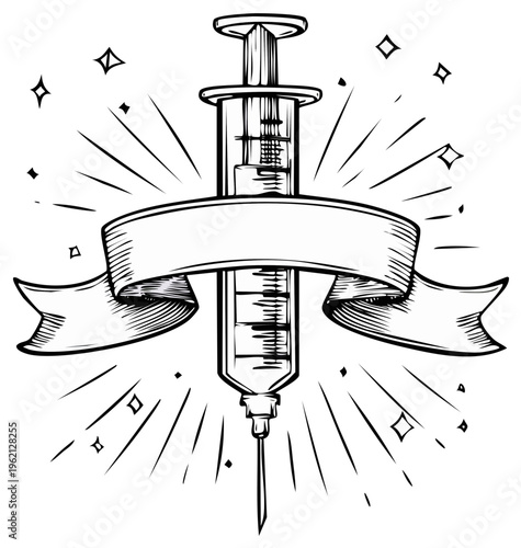 Detailed drawing of a syringe with a banner for text and radiating lines, medical treatment illustration.