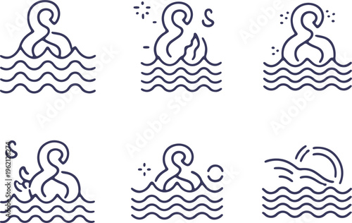 Collection of stylized swimming and diving icons in a water setting