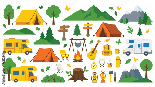 Vector camping elements with tents camper vans and mountain landscapes.