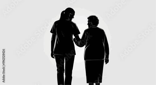 A woman holds the hand of an elderly woman