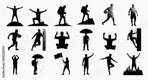 A collection of silhouette icons depicting people engaging in various activities