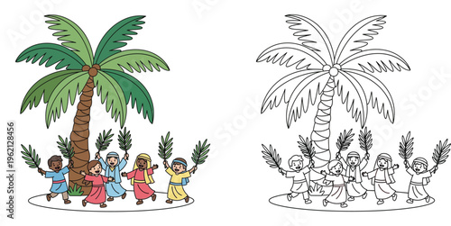 Children in Biblical Attire Celebrating Under a Palm Tree - Palm Sunday Scene