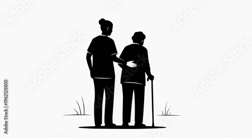 A woman helps an elderly person with a walking stick