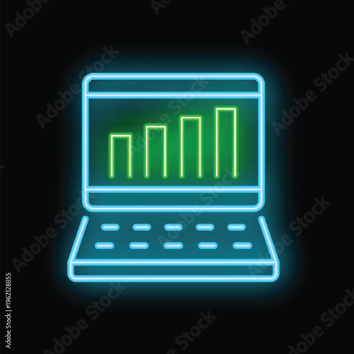 Neon laptop displaying a bar chart growing higher on the right side of the screen