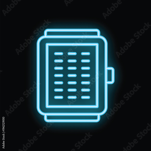 Glowing blue neon icon of a smartwatch displaying a fitness tracking app interface on a black background