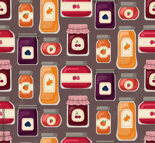 Vector seamless pattern with various berry jams on dark background. Texture with jars of sweet syrup and marmalade