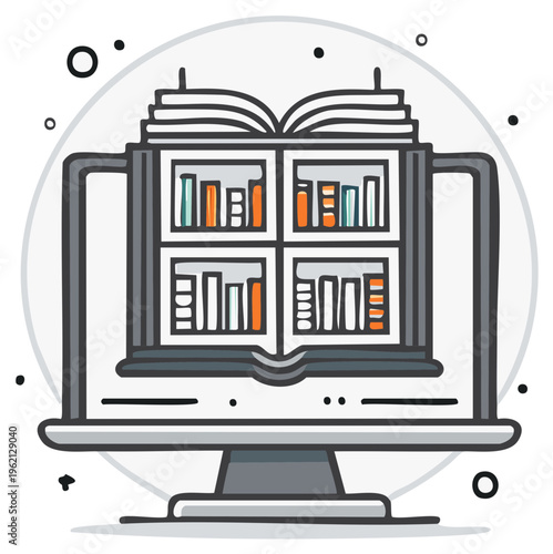 Online library concept with a monitor and bookshelf filled with books