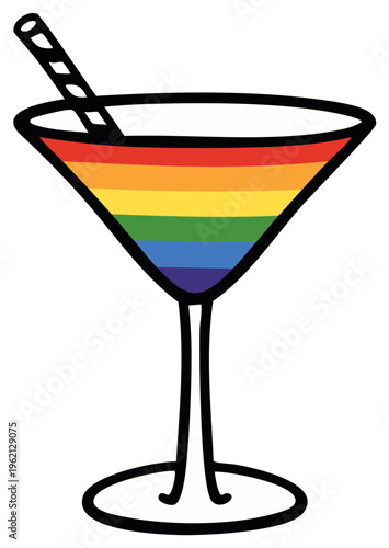 Rainbow Martini Cocktail with Straw Cartoon Illustration
