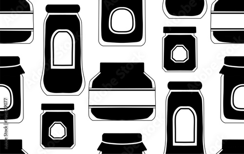 Vector seamless pattern with black silhouette of jam jars on white background. Monochrome texture with glass bottles