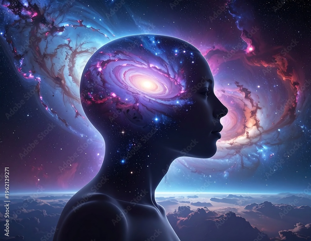 Obraz premium A human silhouette with a galaxy inside its head against a cosmic background