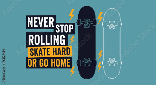 Futuristic Graphic with Skateboards against turquoise background, perfect for social media posts, apparel design, and event promotion.