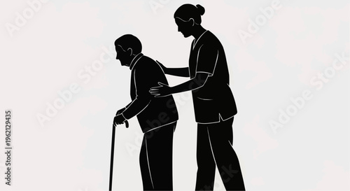 A woman helps an elderly man with a walking stick