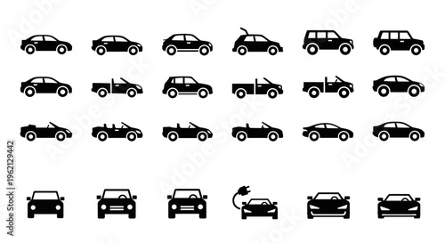 Diverse Car Icons Collection: Modern Vehicles, Sports Cars, SUVs, and Electric Cars