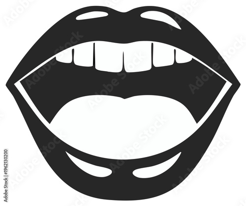Stylized black and white illustration of open mouth and teeth.