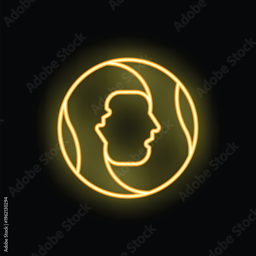 Yellow neon sign representing the gemini zodiac sign, with two faces forming a circle on a black background