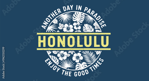 Modern Honolulu Design with Floral Element against a Dark Blue Background, suitable for travel, tourism promotions, and social media content.