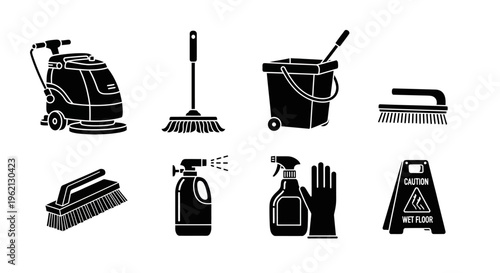 Cleaning Tools Icons Set: Mop, Bucket, Brush, Sprayer, Gloves, Floor Sign, Floor Scrubber