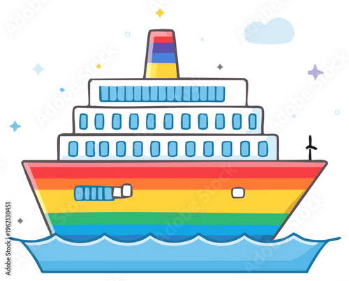 Vibrant Rainbow Cruise Ship Sailing on Sparkling Blue Water, Fun Travel and Inclusivity