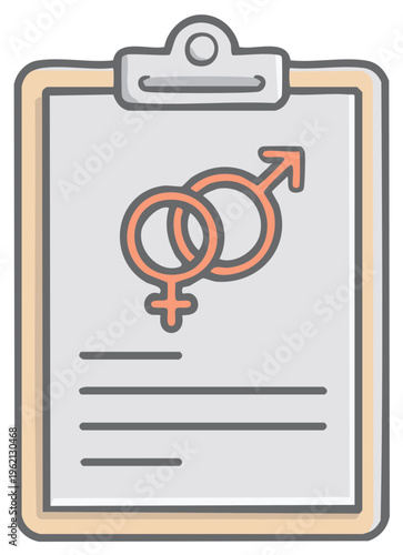 Clipboard with intertwined male and female gender symbols and document lines