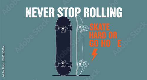 Modern Skateboard Layout with text against turquoise backdrop, concept for skateboarding lifestyle, social media graphics, and motivational posters.
