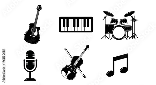 Musical Instruments and Symbols Icons Set: Guitar, Piano, Drums, Violin, Microphone, Note