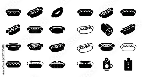 Hot Dog Icons Set: Various Styles and Variations of Fast Food Sausage in Bun