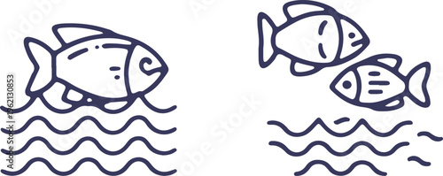 Two illustrations of fish swimming in wavy water with different group sizes