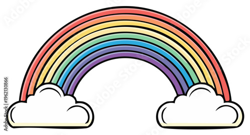 Colorful Rainbow Arch Illustration with Fluffy White Clouds on White Background