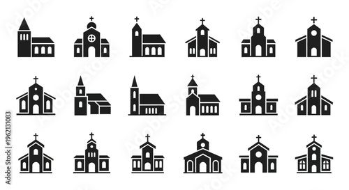 Collection of Diverse Church Building Icons, Religious Architecture Symbols
