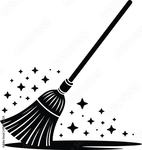 A magical broom sweeps away stars, creating a sense of wonder and enchantment.