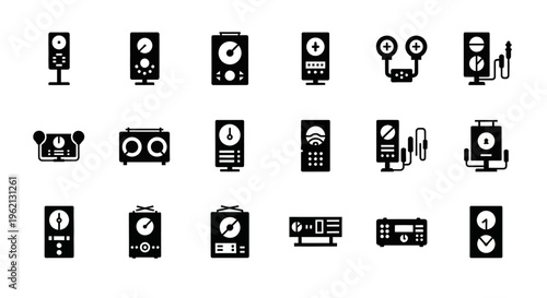 Collection of Electronic Measurement Devices Icons: Voltmeters, Ammeters, Oscilloscopes, and More