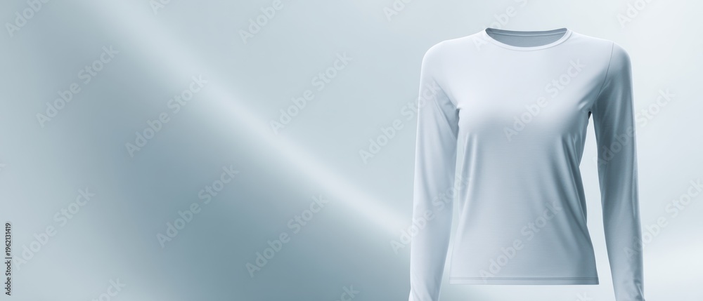 Naklejka premium A white long-sleeved athletic shirt is displayed on a light blue gradient background. Front view