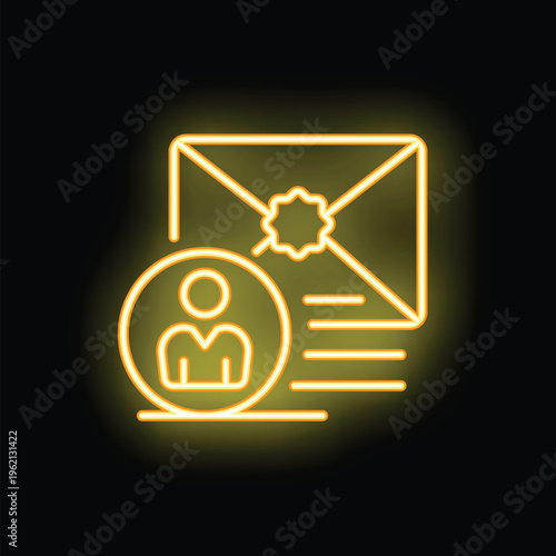 Yellow neon icon of a certified letter with a seal of authenticity being sent by a businessman