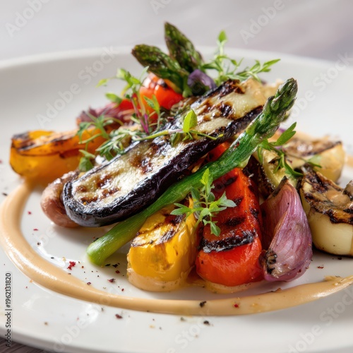Gourmet grilled veggies, vibrant plating
