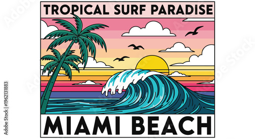 Vibrant Ocean Wave with Scenic Sun Design against a Gradient Background ideal for travel brochures, tourism websites, and summer event posters.