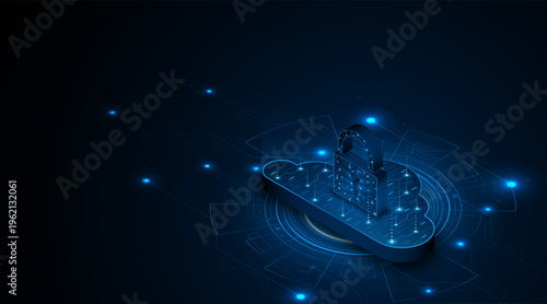 The padlock is located on the cloud. Cloud data storage technology is protected. The concept of cloud computing and large data center security technology.
