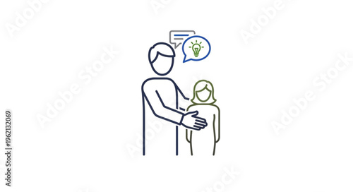 Illustration of a mentor guiding a mentee with a bright idea.