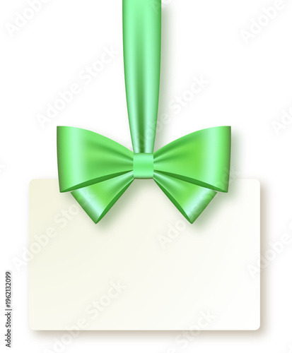 グリーンリボンで飾られたシンプルなメッセージカード背景・ギフトや招待状に使える上品で清潔感のあるデザイン