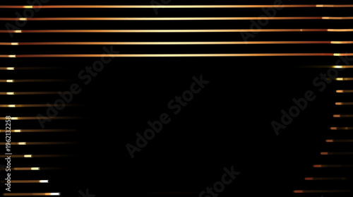 黒背景に流れるゴールドのスピードラインが躍動感を演出する近未来的抽象背景、テクノロジーやビジネス向けの動きのあるデザイン素材