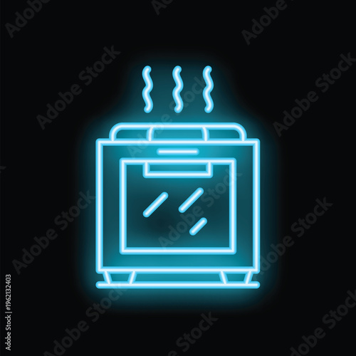 Blue neon icon of an oven with steam coming out of it, representing cooking and baking
