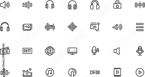 A comprehensive vector illustration showcasing a variety of audio, sound, and media-related line icons, perfect for web design, mobile applications, and user interface projects requiring modern 
