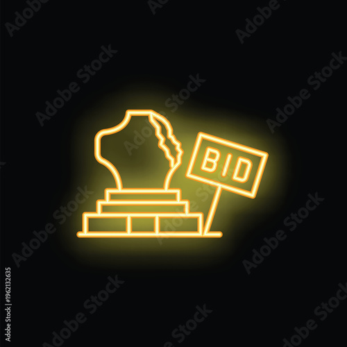 Neon sign depicting a broken vase standing on a pedestal with a bid sign displaying the concept of antiques auction