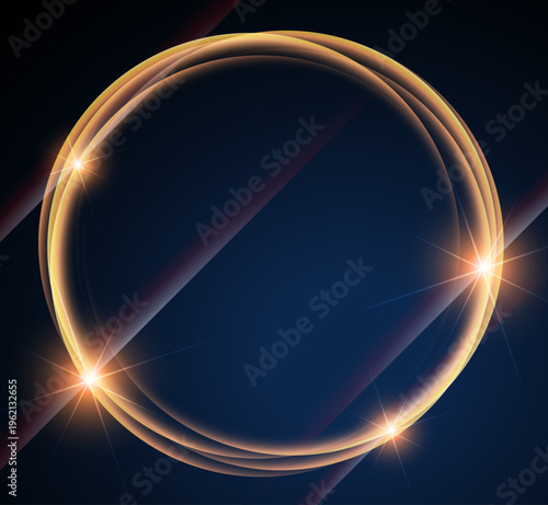 深いネイビー背景に輝く光のリングフレームと星のようなフレアが印象的な高級感あふれる抽象デザイン素材