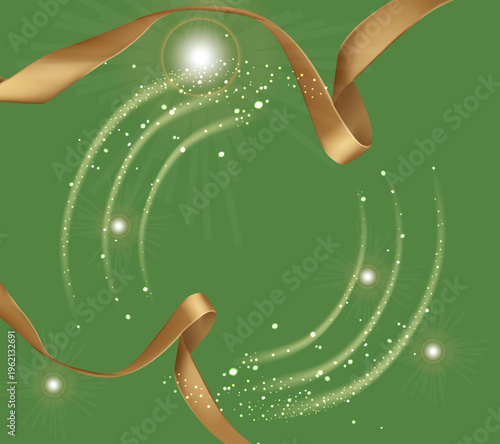 きらめく光の粒と流れるゴールドリボンが描く幻想的な円形フレームのグリーン背景｜華やかなイベント向けデザイン素材
