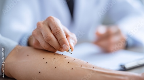 Allergy medication testing, clinician performing skin prick test on forearm with marked sites and dropper, representing diagnosis and treatment planning.