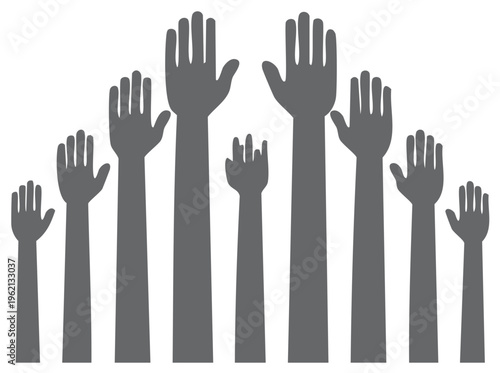 Silhouettes of diverse hands raised showing active participation and consent for decisions