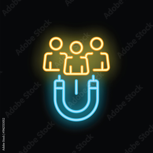 Neon sign illustrating a magnet attracting people, representing concepts like customer attraction, recruitment and marketing