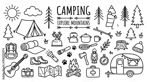 Camping and explore mountains line art set with various outdoor elements.